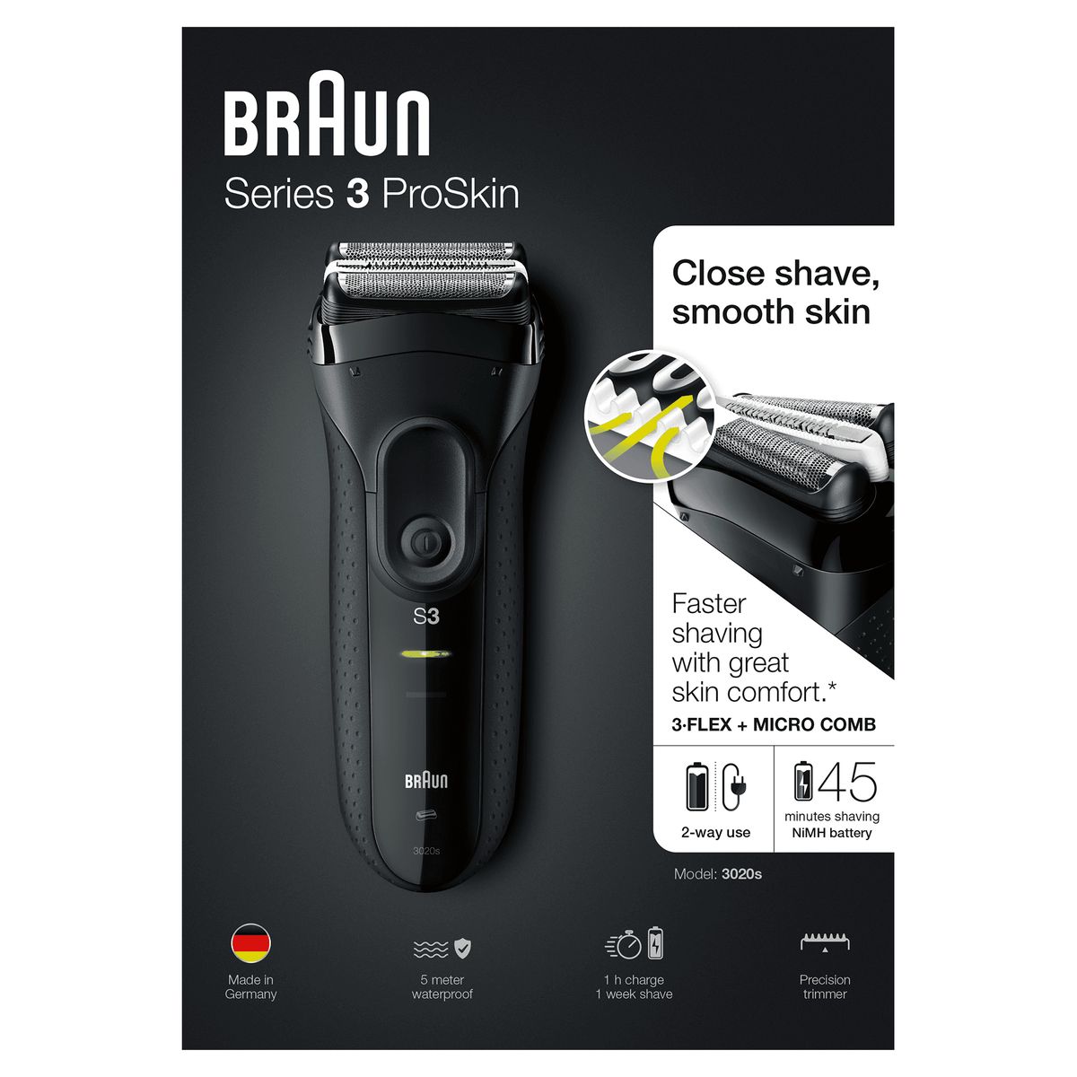Braun Series 3 ProSkin shaver men, electric shaver with precision trimmer, rechargeable and cordless electric shaver, 45 min run time, 3020s, black Black Single