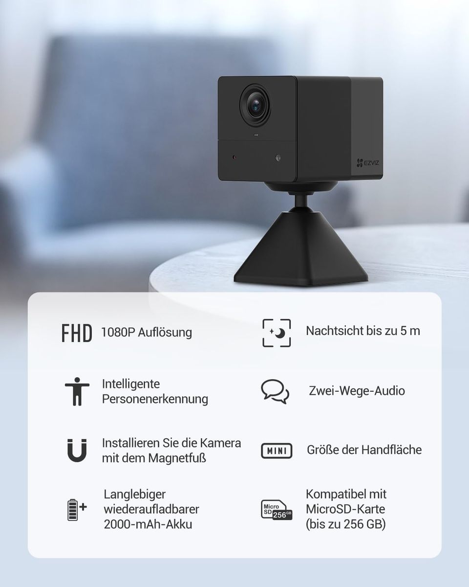 EZVIZ BC2 1080p WLAN Innen-Überwachungskamera, PIR-Bewegungserkennung, Infrarot-Nachtsicht, Zwei-Wege-Audio, Batteriebetrieben, Magnetbasis, Alexa-kompatibel