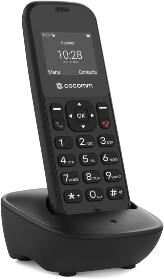 COCOMM DT100 Schnurlostelefon 4G Volte mit SIM und Ladestation, DECT-Format, Bluetooth, für den privaten Gebrauch, professionelle Verwendung, einfach zu bedienen, Schwarz