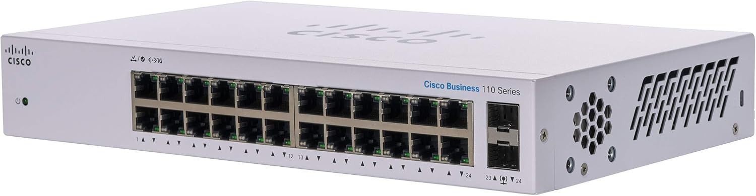 Cisco CBS110-24T-EU Unmanaged L2 Gigabit Switch, 24x 10/100/1000 RJ45, 2x Combo-SFP, 1U Rack, Grau, Netzteil