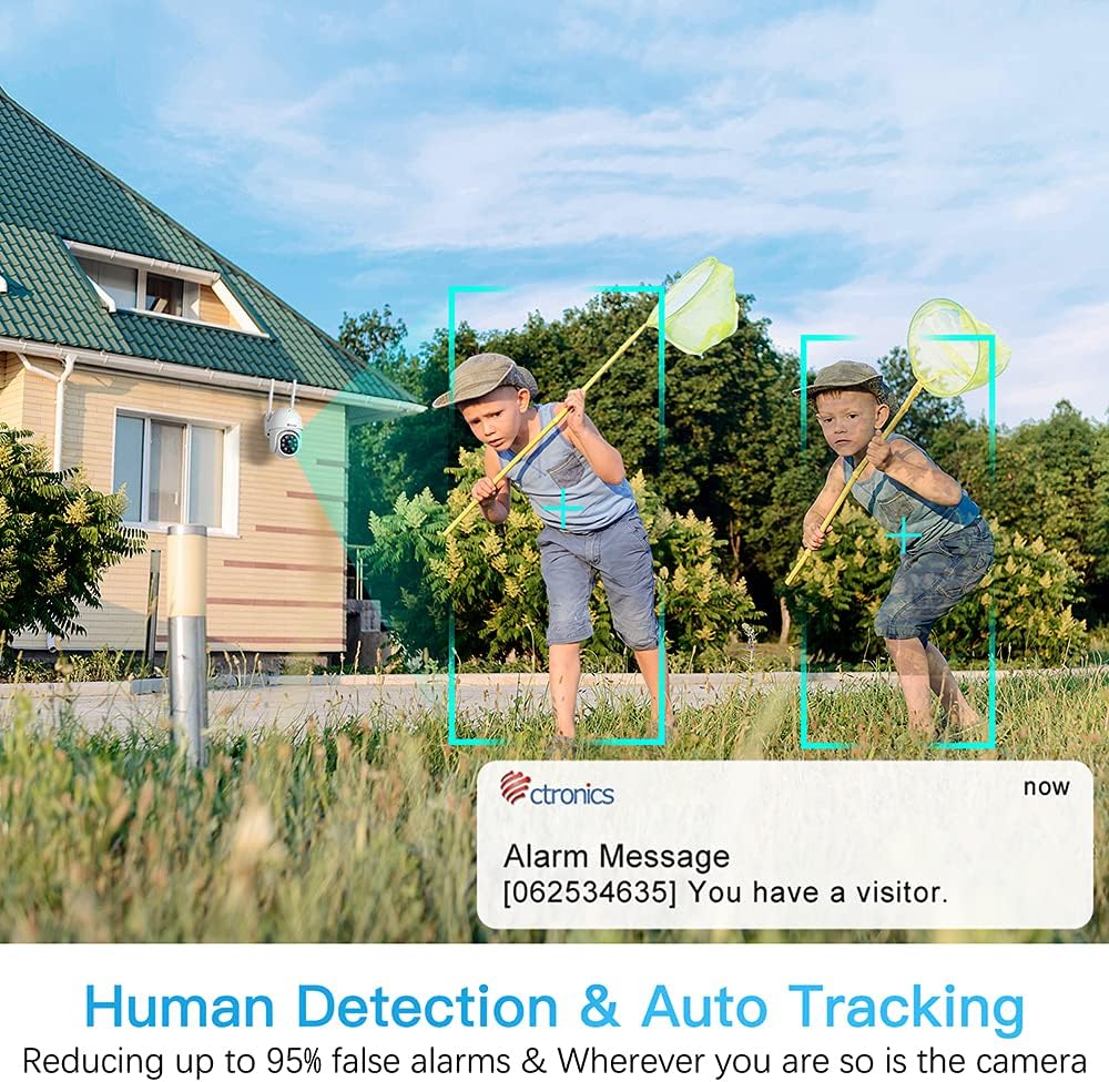ctronics 2.5K 4MP Überwachungskamera Aussen WLAN, 2560×1440P Ctronics PTZ 2,4/5GHz Dualband WiFi IP Kamera Outdoor mit Automatische Verfolgung, Personenerkennung, 355°/90° Schwenkbar, Farbiger Nachtsicht, IP66