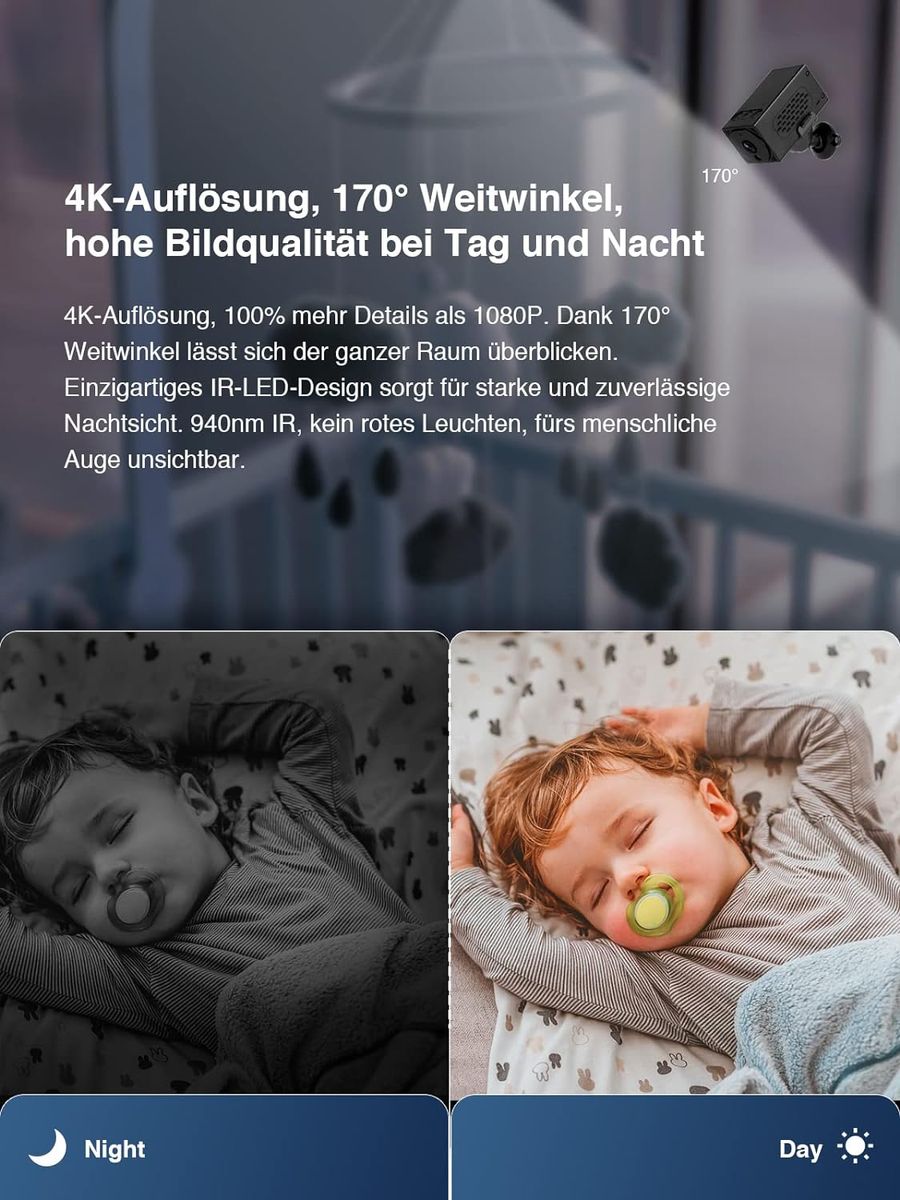 WIWACAM MW1-Pro Mini Kamera 4K HD WLAN 2600mAh Akku, Live Übertragung Handy App Kleine Überwachungskamera Innen Überwachung Babyphone Hundekamera, mit Bewegungsmelder, Nachtsicht, aufzeichnung 2 Pro - Großer Akku Bessere Optik - Schwarz