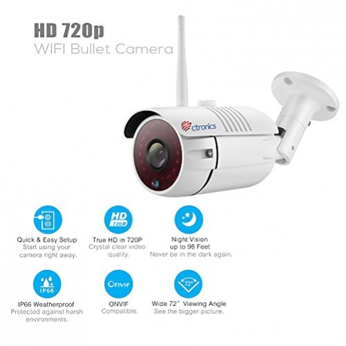 (16GB SD-Karte) Ctronics drahtlose Bullet WiFi IP Kamera mit 720p HD, 30m IR-Nachtsicht durch 30 LEDs, ONVIF 2.0 (inklusive 16GB SD-Karte) CTIPC-255CW720PS