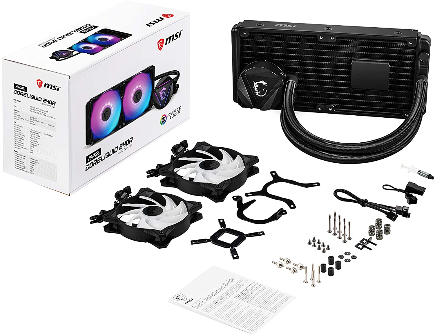 MSI MAG CORELIQUID 240R AIO CPU Wasserkühlung, drehbarer ARGB-Blockkopf, integrierte Kühlerpumpe, Split-Flow-Wasserkühlung, verdampfungssichere Schläuche, einfache Montage, AMD & Intel kompatibel 240 mm / 2 Lüfter R-Series