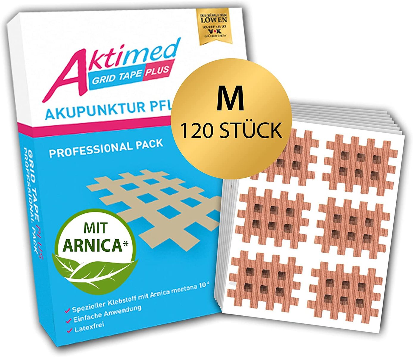 AKTIMED Grid Tape PLUS Professional Pack - patent based grid tape with natural extract Arnica D6 - acupuncture patch dermatologically tested - Crosstape grid tape pain points Medium