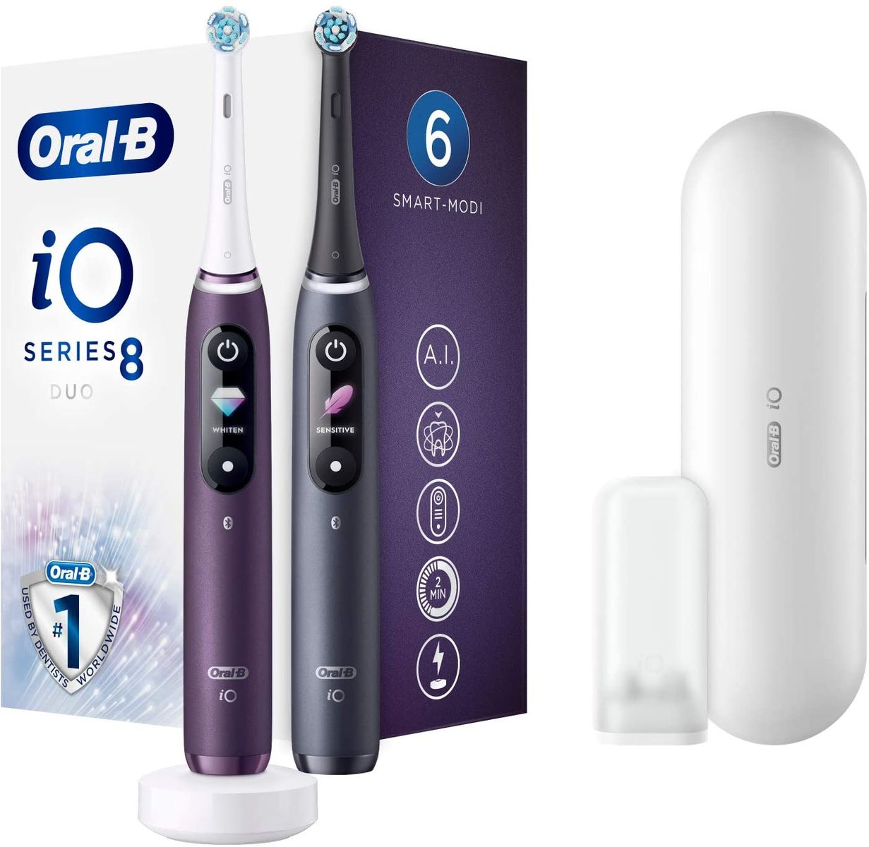 Oral-B iO 8 Twin Pack Electric Toothbrush/Electric Toothbrush with revolutionary magnetic technology & micro vibrations, 6 brushing programs, color display & travel case, black onyx/violet ametrine Twin Pack Black Onyx/Violet Ametrine