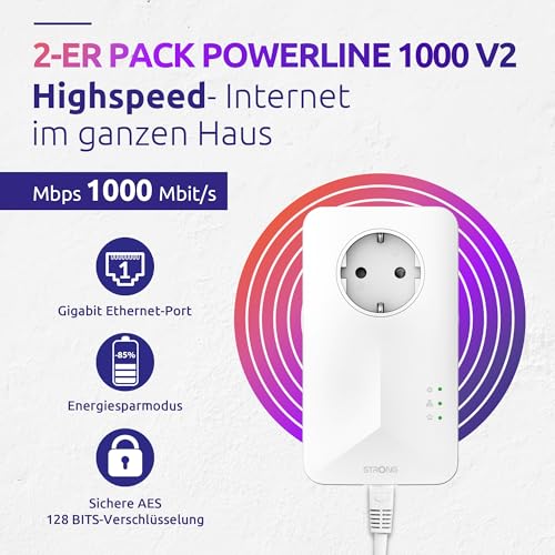 STRONG PowerLine 1000 Kit POWERL1000DUOEUV2 PowerLAN Adapter mit integrierter Steckdose, 1000 Mbit/s, Gigabit Ethernet, HomePlug AV2, 300 m, Weiß, 2er-Set