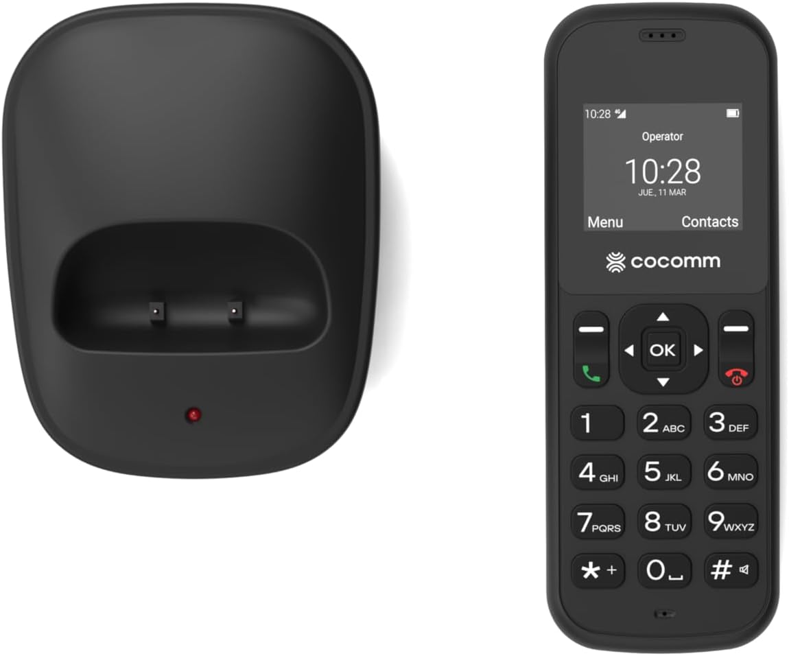COCOMM DT100 Schnurlostelefon 4G Volte mit SIM und Ladestation, DECT-Format, Bluetooth, für den privaten Gebrauch, professionelle Verwendung, einfach zu bedienen, Schwarz