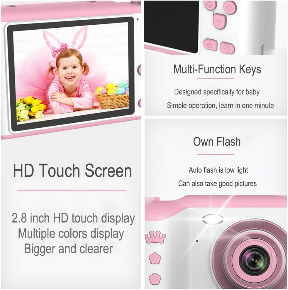 PTHTECHUS Kinder Kamera, Kinderkamera Digital Fotokamera Selfie, 2.8 Zoll Touchscreen Digitalkamera 8M Pixel, mit Blitzlicht, Junge Mädchen Kamera 16G SD-Karte, Geburtstag Weihnachten Geschenk