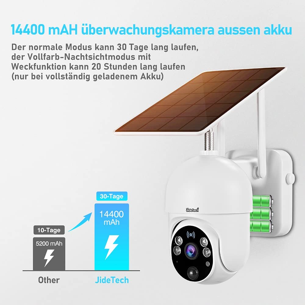 JideTech Solar Überwachungskamera Aussen Akku 14400mAh, 2MP PTZ WiFi Dome WLAN Kamera mit Solarpanel,PIR und Radar Erkennung, Farb-Nachtsicht, 2-Wege-Audio 20M Nachtsicht, SD-Kartenslot 1 Stück (1er Pack)