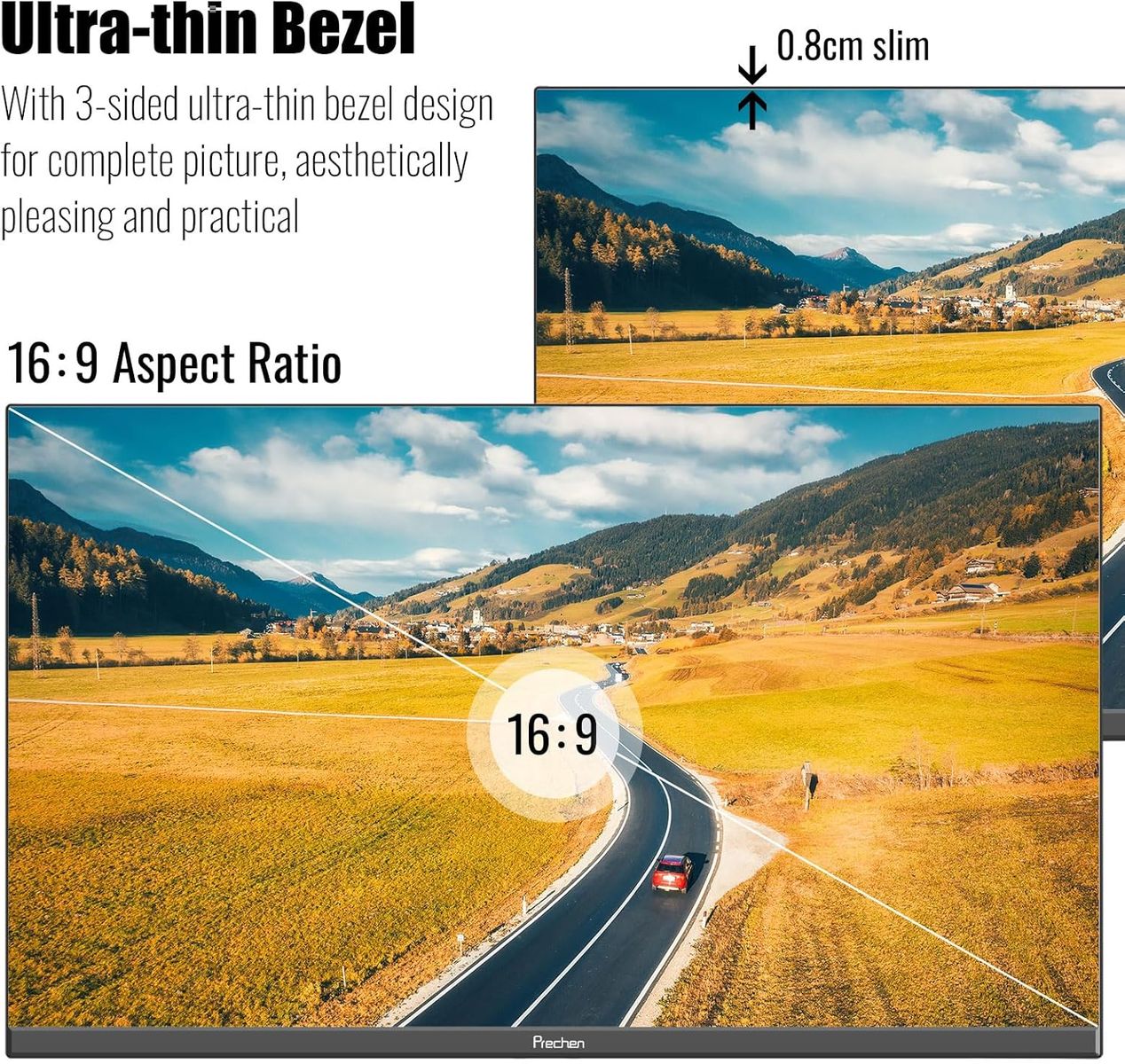 ‎Prechen 24 Zoll Ultra-Thin Bezel Computer Monitor FHD 1080P Business Monitor, LED PC Bildschirm Desktop Monitor, HDMI, VGA, 75Hz Gaming Display, 3000:1, Eye Care, VESA Mountable, Schwarz