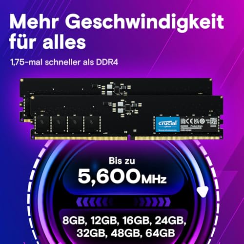 Crucial CT2K32G56C46U5 Arbeitsspeicher (RAM) 64 GB (2 x 32 GB) DDR5-5600 CL46 1,1 V XMP 3.0 On-Die ECC