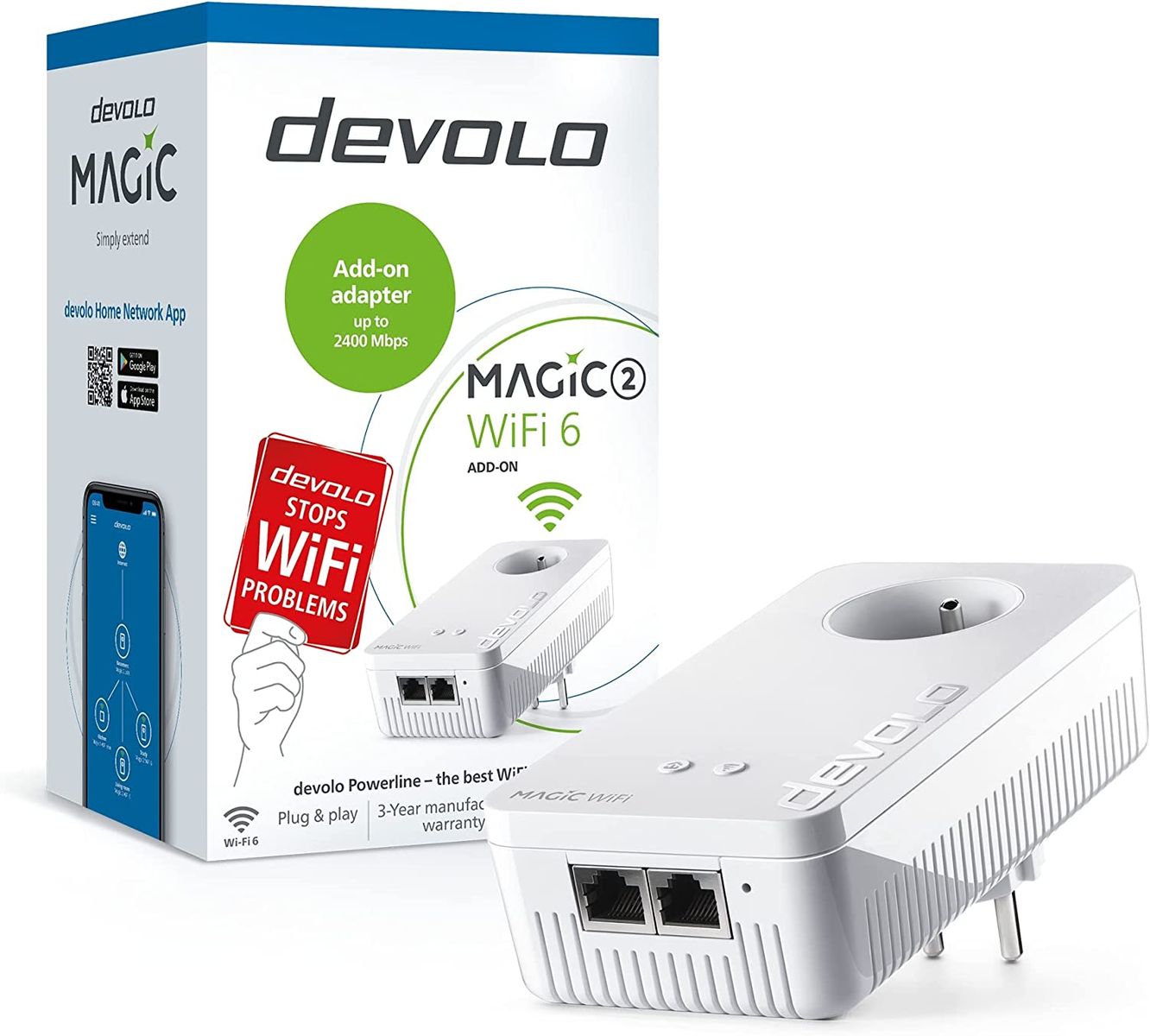 devolo Magic 2 WiFi 6 Erweiterungsadapter: 1 x CPL WiFi, Gigogne-Buchse (2400 Mbits, Mesh, 2 x Gigabit Ethernet-Ports) ideal für Heimarbeit, Gaming, Streaming, französische Steckdose