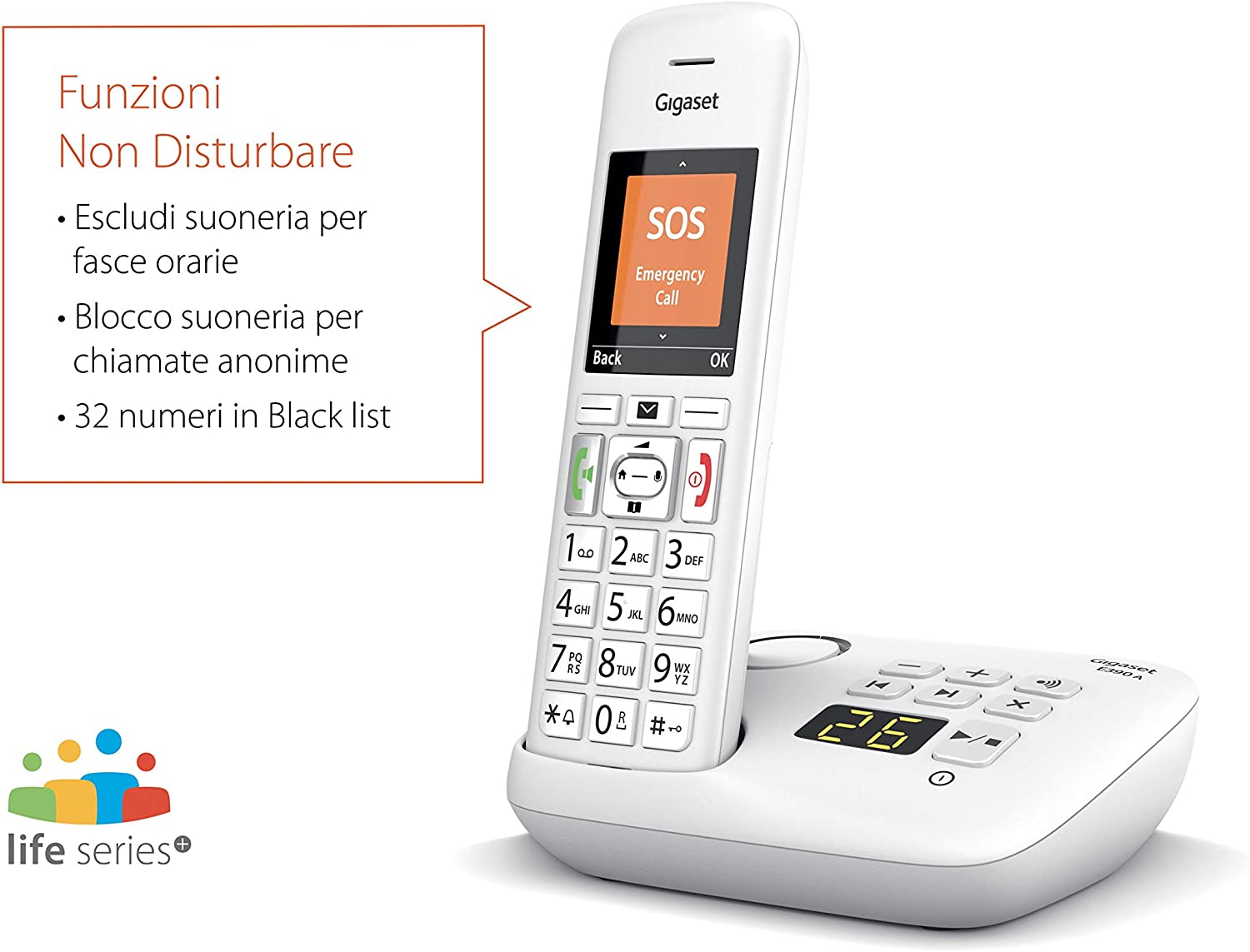 Gigaset E390 Cordless Phone Large Numbers Loud Ringtones Time Zone Off