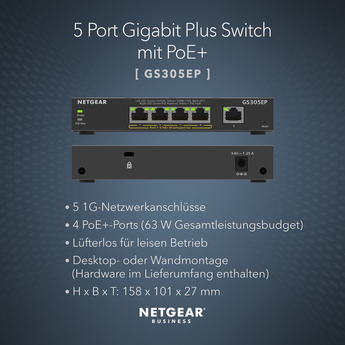 NETGEAR GS305EP PoE Switch 4 Port Gigabit Ethernet LAN Switch PoE+ 63W Plus (5 Ports Plug-and-Play, Managed Netzwerk Switch PoE, IGMP Snooping, QoS, VLAN, Lüfterloses Metallgehäuse) 5 Port | Managed | 4x PoE+ 63W