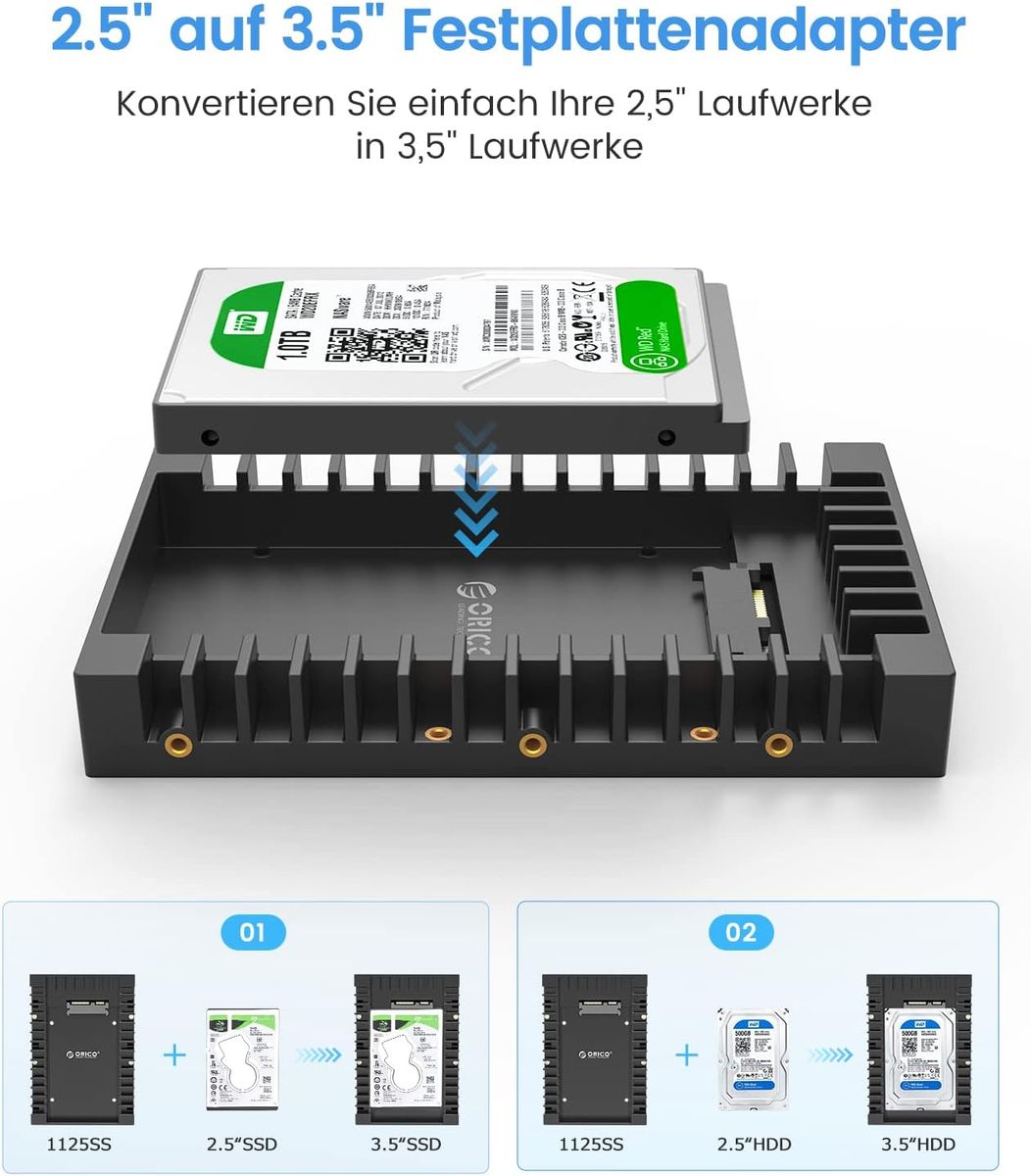 ORICO 1125SS-BK-GL 2,5" auf 3,5" Einbaurahmen Adapter für 2,5" SATA HDD/SSD 7/9,5/12,5 mm, SATA III 6Gbps, schwarz