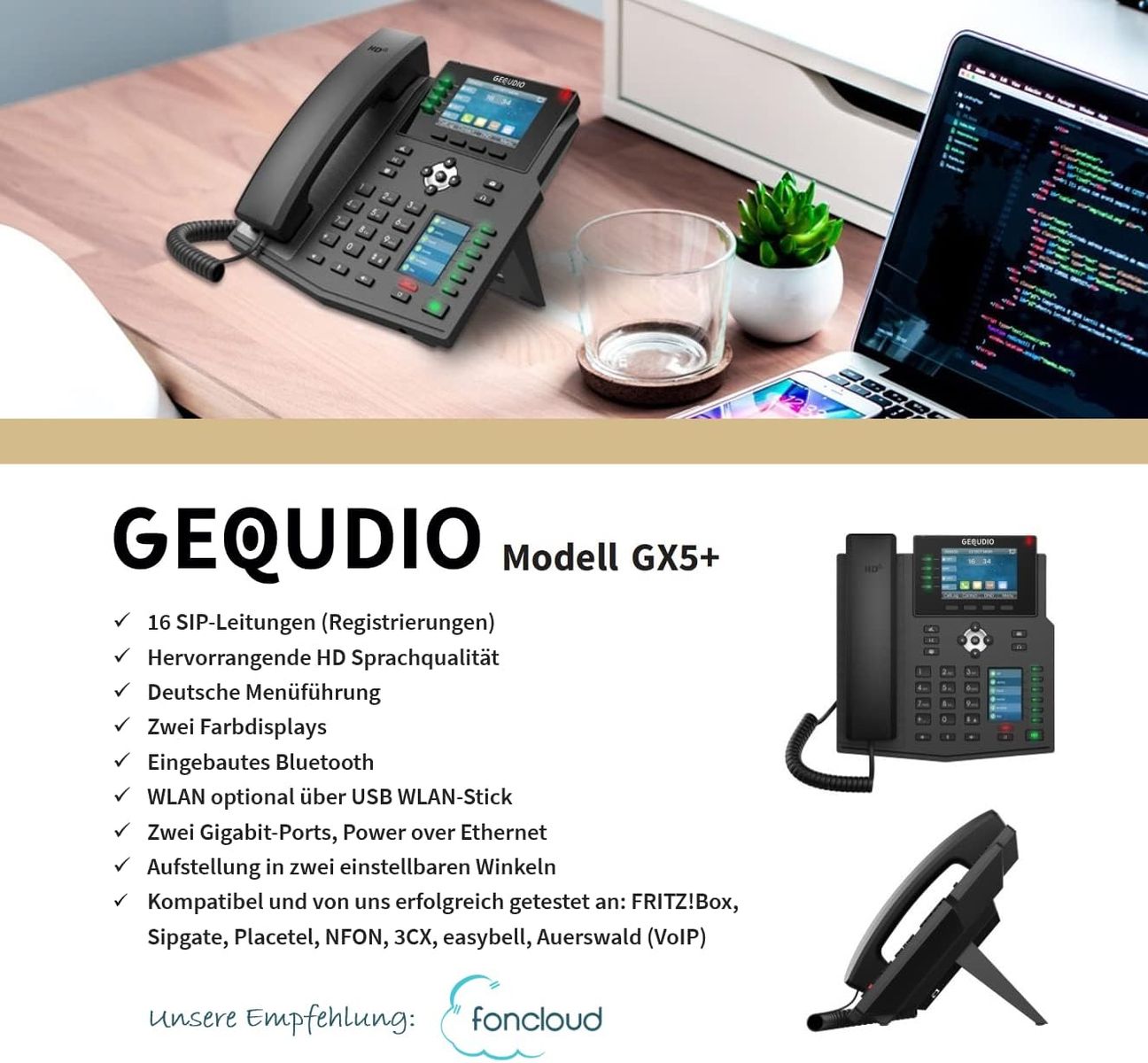 GEQUDIO IP Telefon GX5+ inklusive Netzteil, USB WLAN Stick - Fritzbox, Telekom kompatibel - Premium Freisprechen - Anweisungen für FritzBox, Sipgate, Telekom Digitalisierungsbox, Speedport Single