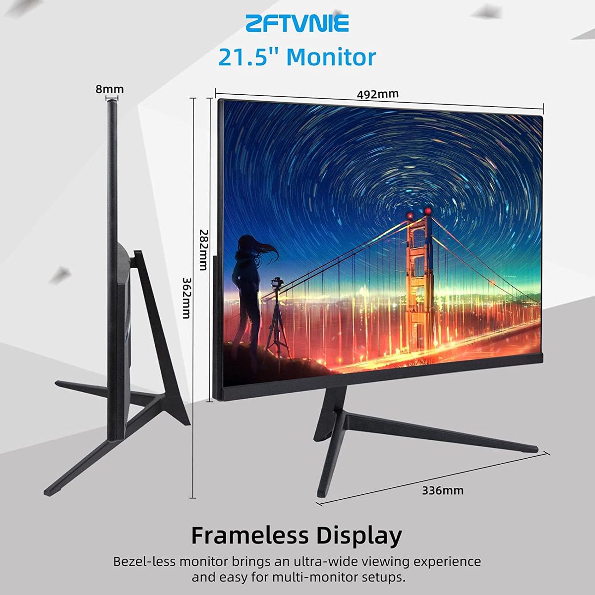 ZFTVNIE PC Monitor 21,5" FHD 1920x1080P IPS Bildschirm Rahmenlos 75Hz 5ms Reaktionszeit VGA & HDMI Anschlüsse Computer Monitor für Laptop/Xbox/PS3/PS4