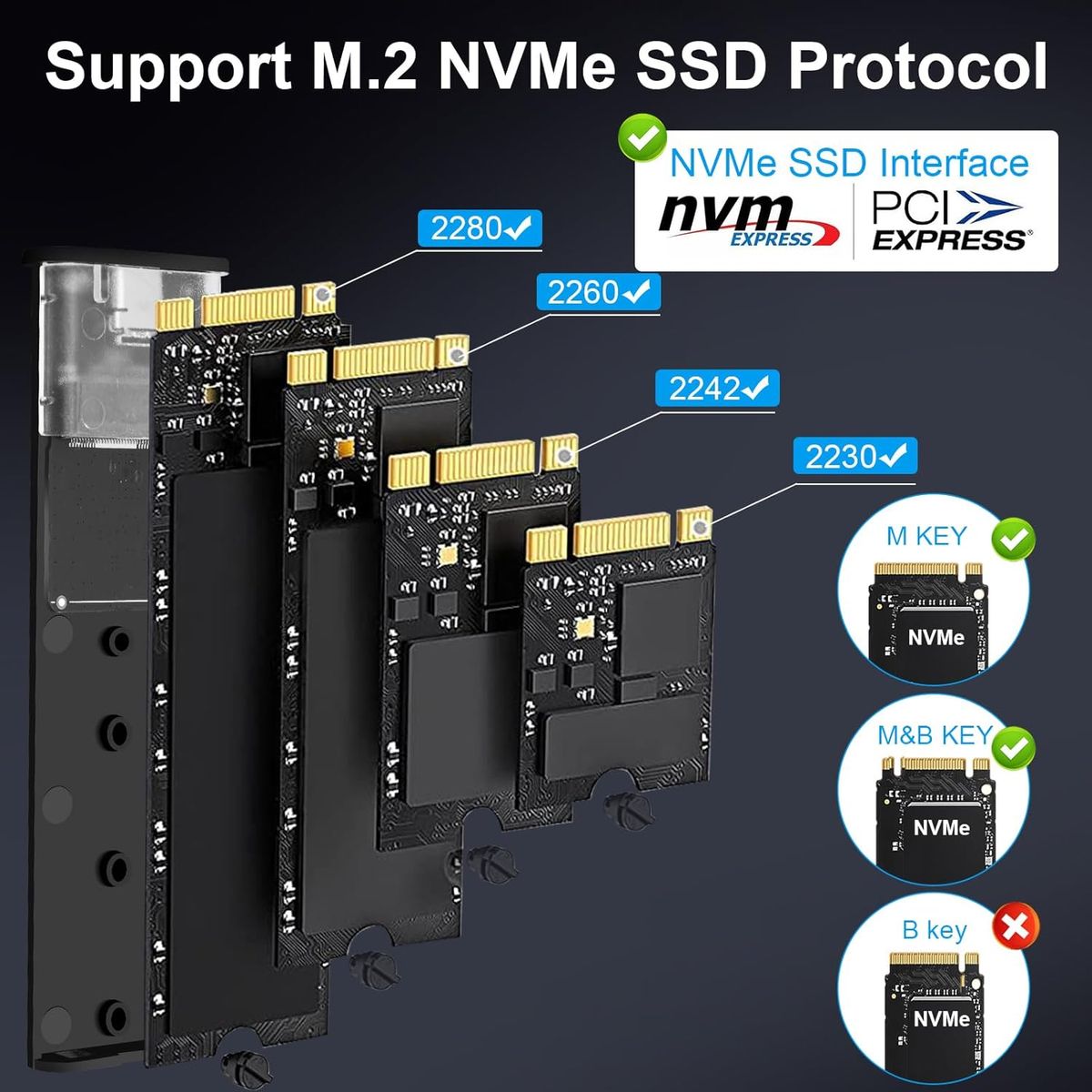 Vemfay Vemfay M.2 NVMe Gehäuse, USB 3.2 Gen 2 10 Gbit/s, USB-C Adapter für NVMe PCIe M-Key/M+B Key, Aluminium, Werkzeuglos, kompatibel mit 2230/2242/2260/2280