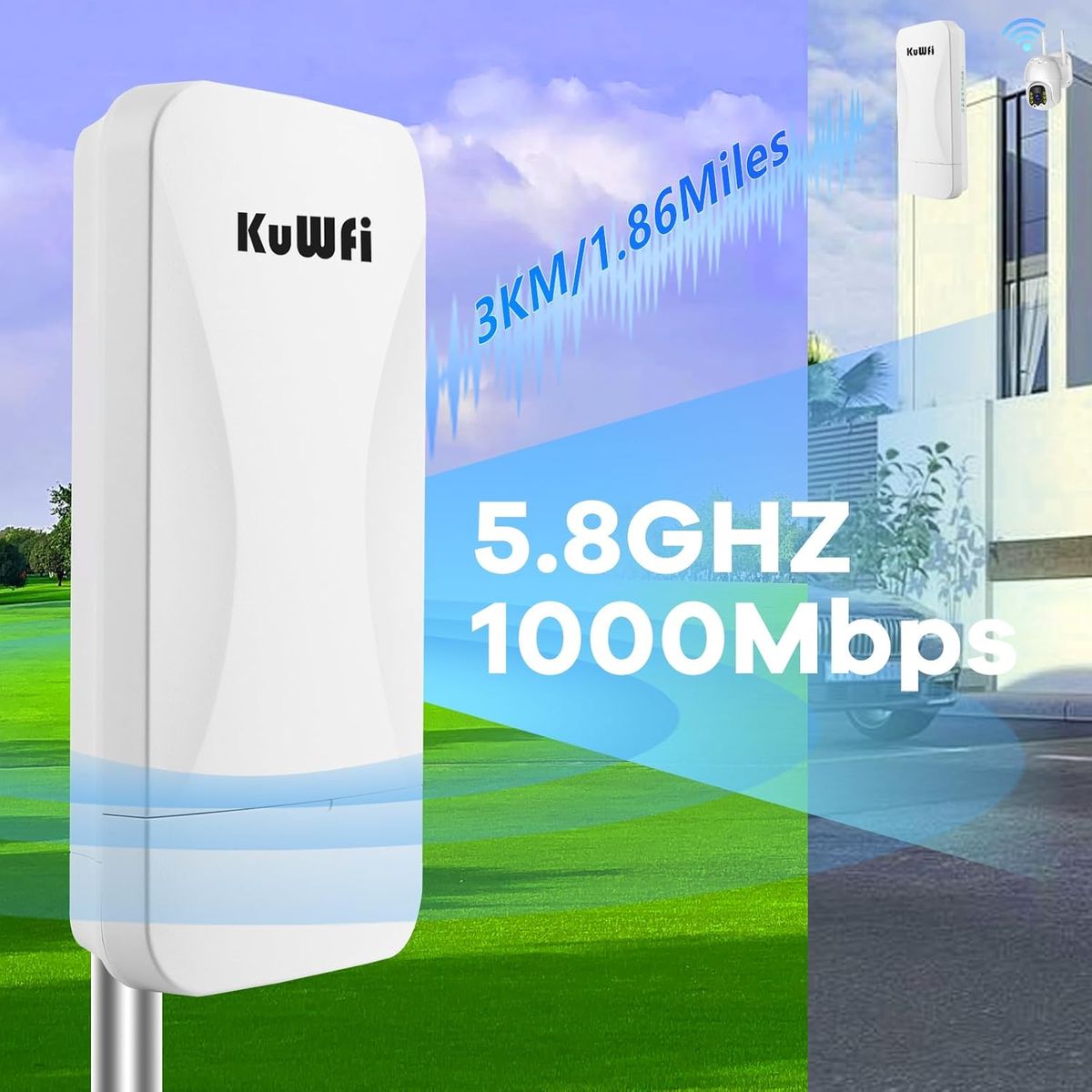 KuWFi WB-5G03 Outdoor Gigabit-WLAN-Bridge, 5,8 GHz, 3 km Reichweite, CPE, 900 Mbps, Gigabit-Ports, 48 V PoE, 14 dBi Antenne, Bridge für IP-Kamera NVR CCTV, EU
