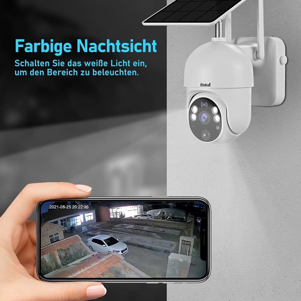 JideTech Solar Überwachungskamera Aussen Akku 14400mAh, 2MP PTZ WiFi Dome WLAN Kamera mit Solarpanel,PIR und Radar Erkennung, Farb-Nachtsicht, 2-Wege-Audio 20M Nachtsicht, SD-Kartenslot 1 Stück (1er Pack)