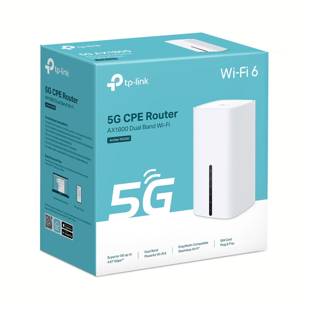 TP-Link Archer NX200 V2.0 Mobilfunk-Router 5G Dual-Band Wi‑Fi 6 (802.11ax) Gigabit Ethernet SIM-Karten-Slot Tischrouter Weiß EU