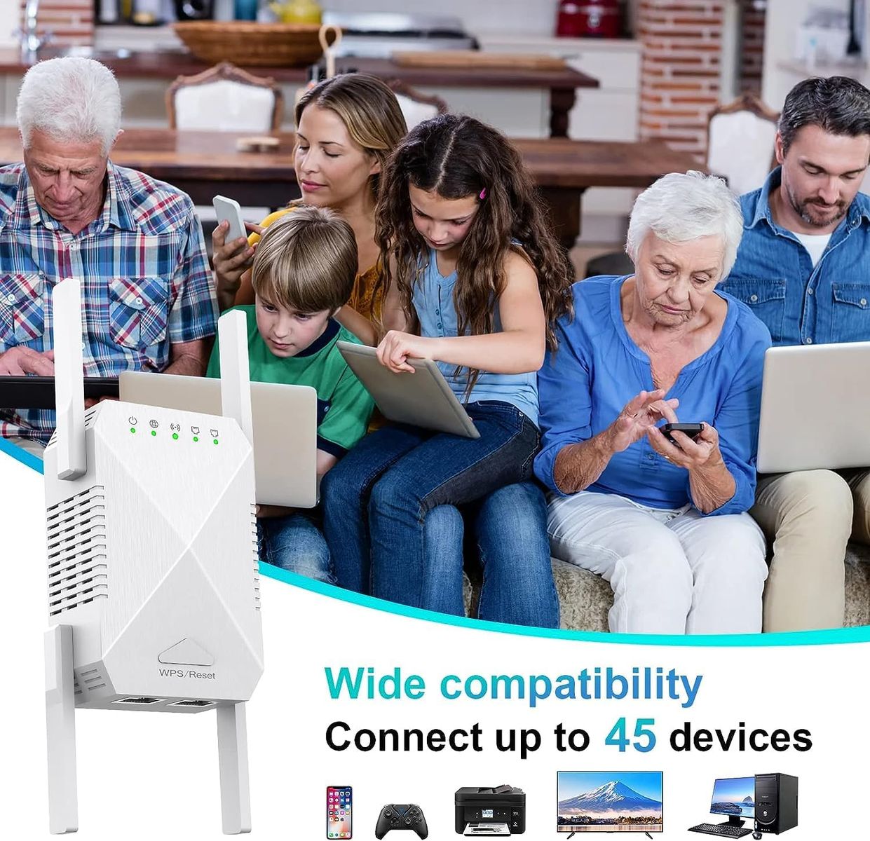 Generic LCX-ZJ300-002 WiFi Extender 1200 Mbps Dual-Band (2,4/5 GHz) Repeater, 4 Antennen, 360°, bis 910 m², Weiß, EU