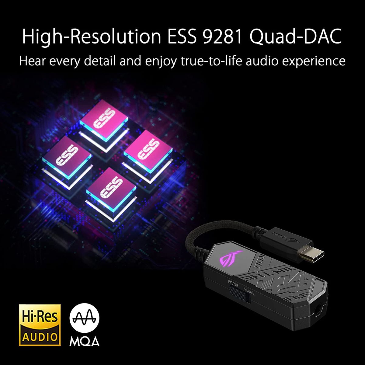 ASUS ROG Clavis USB-C Gaming DAC (ESS 9281 Quad DAC Amplifier, AI Noise Canceling Microphone, MQA Rendering, Aura Sync RGB