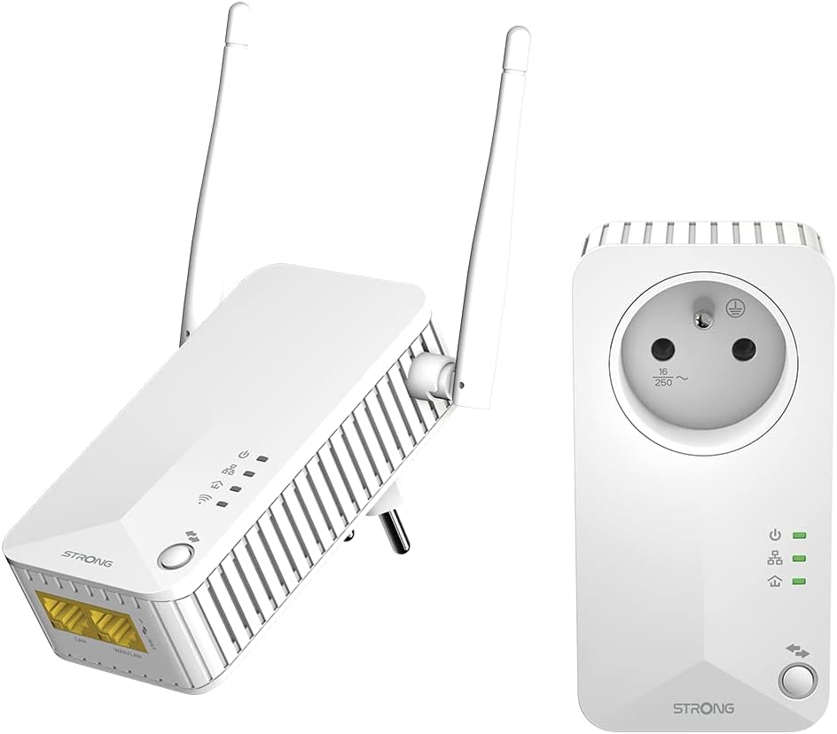 STRONG POWERL600DUOFRV2 Duo Powerline (CPL) Kit mit WiFi, PowerLAN 600 Mbps, WLAN 300 Mbps, RJ45 + gefilterte Steckdose, Plug C/F, Weiß