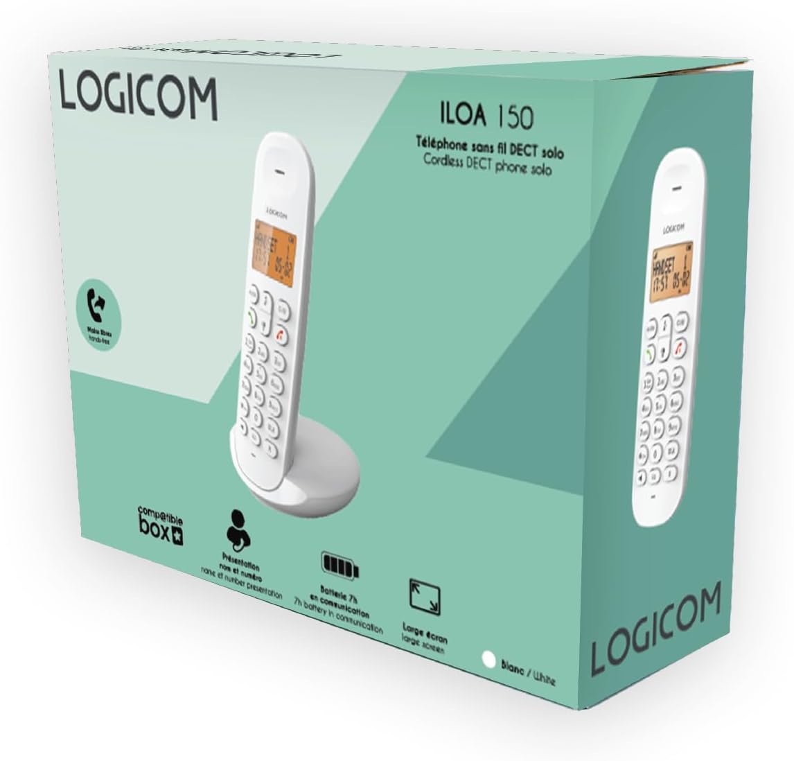 LOGICOM Schnurloses Festnetztelefon Iloa 150 Weiß, analoge und DECT-Telefone, 7 Std. Sprechzeit, 50 Kontakte, 10 Klingeltöne, Freisprecheinrichtung, Tastatursperre, Alarm