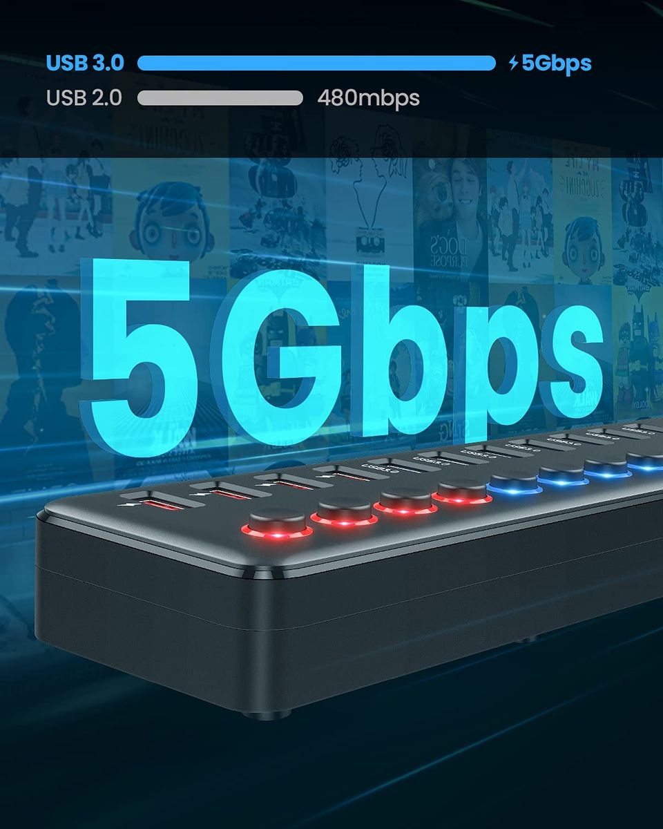 WENTER USB Hub 3.0 Aktiv 11 Ports 36W 12V 3A Netzteil USB 3.0 Mehrfach Ports Verteiler LED Einzelnen EIN/Aus-Schalter USB 3.0 Hub 7 Ports Datenübertragung 4 Ports Schnellladegerät