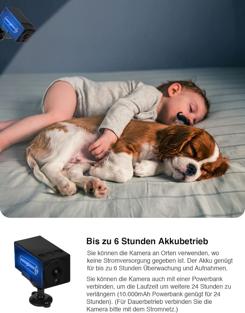 WIWACAM MW1-Pro Mini Kamera 4K HD WLAN 2600mAh Akku, Live Übertragung Handy App Kleine Überwachungskamera Innen Überwachung Babyphone Hundekamera, mit Bewegungsmelder, Nachtsicht, aufzeichnung 2 Pro - Großer Akku Bessere Optik - Schwarz