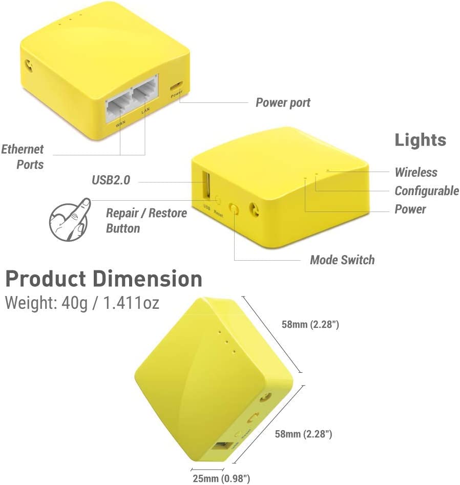 GL.iNet GL-MT300N-V2 WLAN Router Mobile Smart Mini Pocket VPN Reiserouter 3G/4G bis zu 300Mbit/s (2,4GHz) Mobiler Hotspot,WiFi Repeater Bridge,Range Extender, OpenVPN Client,Mango Gelb