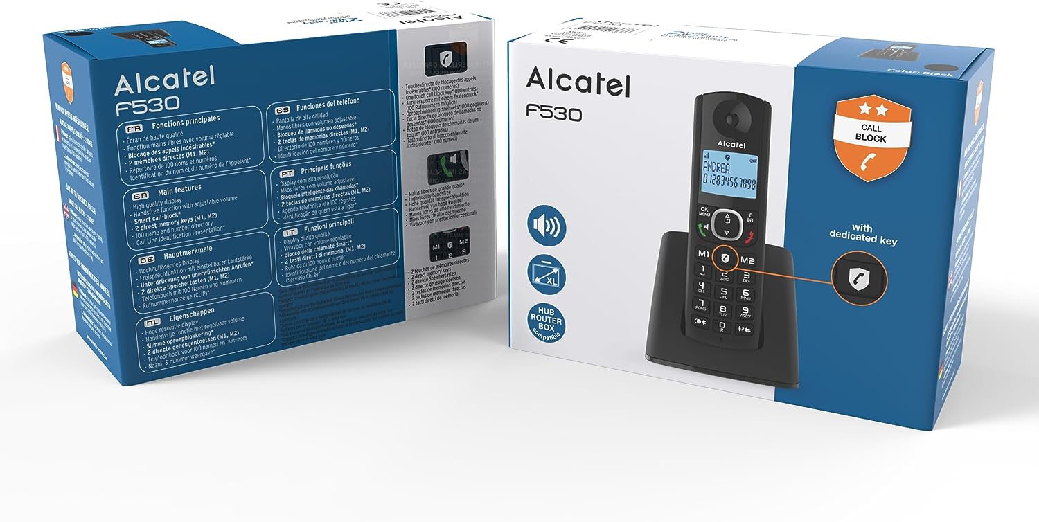 Alcatel F530 – Schnurloses Telefon mit erweiterter Anrufblockierung, Freisprecheinrichtung, großes beleuchtetes Display, VIP-Klingeltöne,10 Anrufmelodien, Schwarz