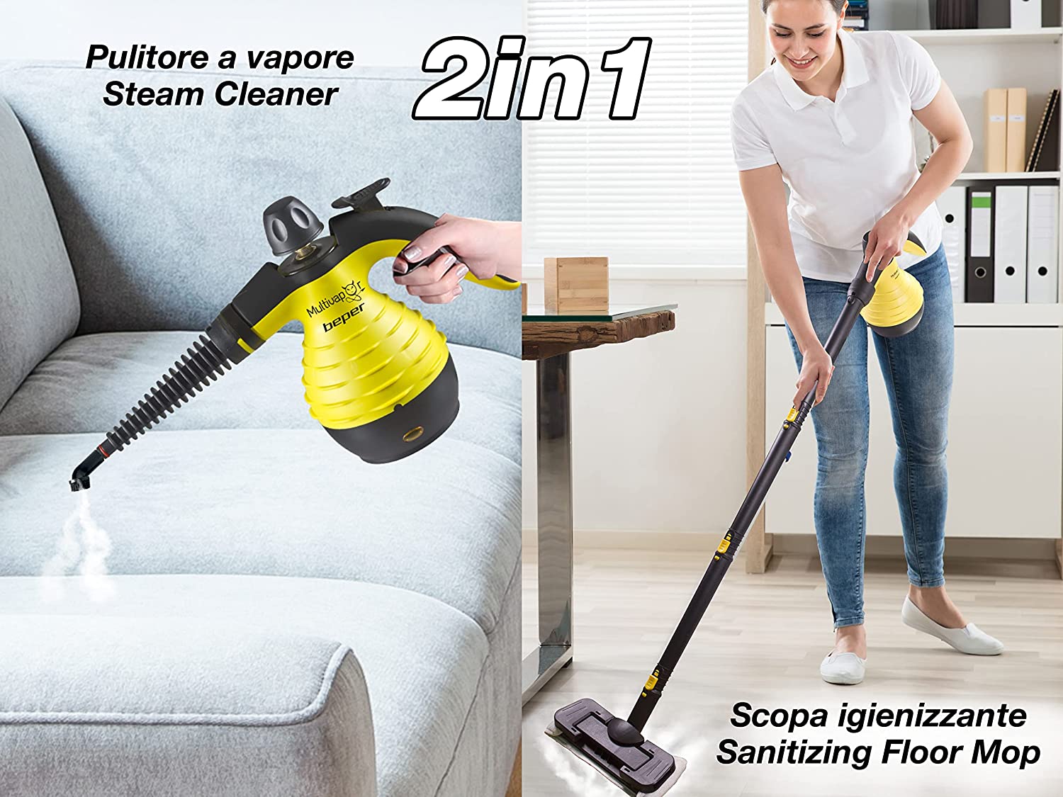 BEPER P202VAL001 Dampfreiniger Reinigungs-und Desinfektionsbesen 10in1 Ideal für mehrere Oberflächen Weiss Media