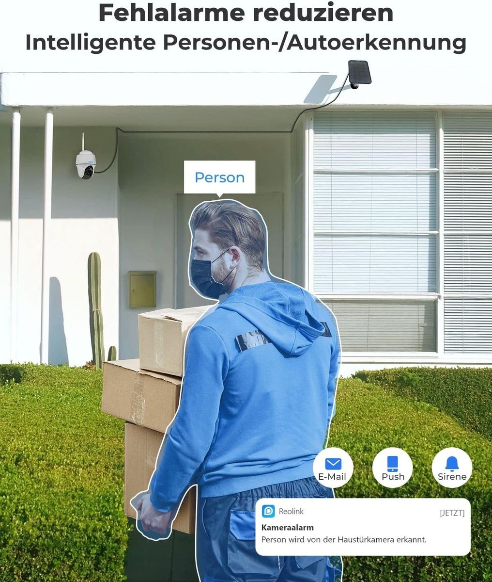 Reolink 2K 4MP PTZ Solar Überwachungskamera Aussen Akku, 360°/140° Pan Tilt WLAN IP Kamera Outdoor mit 2,4/5GHz WiFi, Personen-/Autoerkennung, PIR-Bewegungsmelder, 2-Wege-Audio, Argus PT+Solarpanel