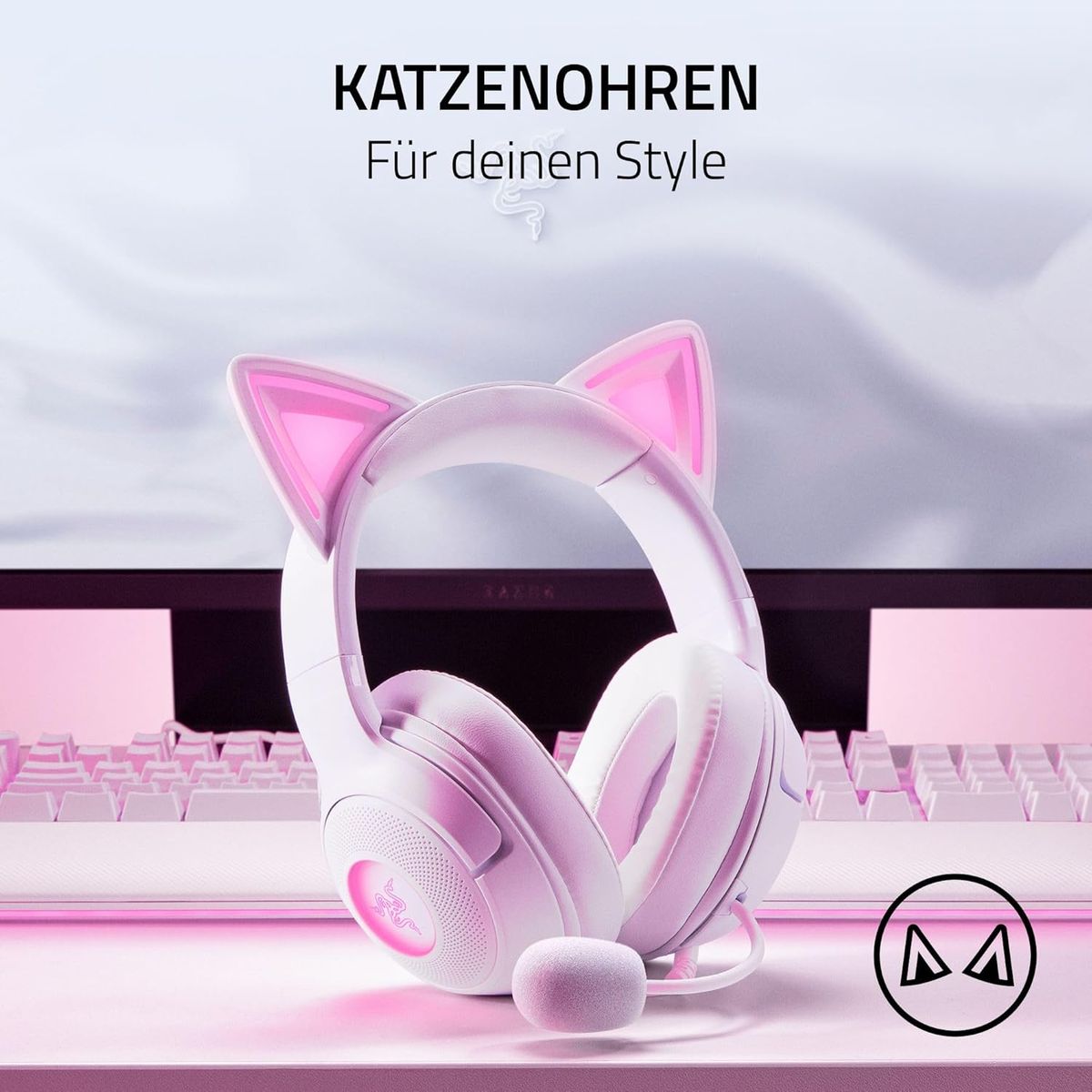 Razer Kraken Kitty V2 - Kabelgebundenes RGB-Headset mit Kitty Ohren für Gaming und Streaming (325 g, Triforce 40 mm Treiber, HyperClear Cardioid Mic, Surround Sound) Weiß