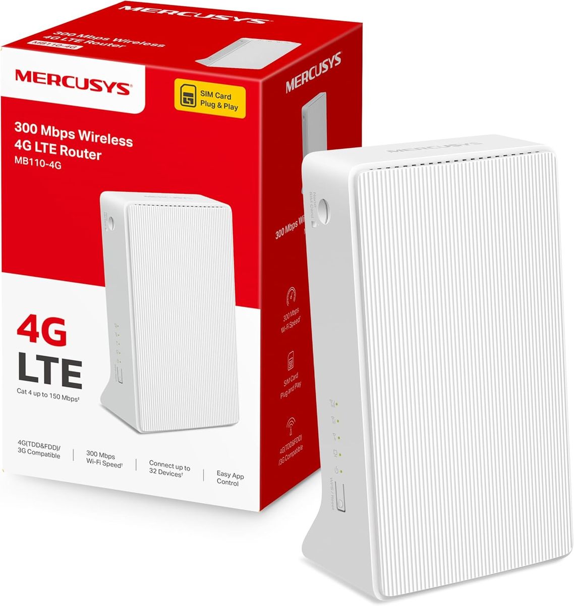 Mercusys MB110-4G - 4G Cat4 Router, WLAN N300 Mbps, NanoSIM-Slot, LAN/WAN-Port, QoS, ohne Konfiguration, verbindet bis zu 32 Geräte V1