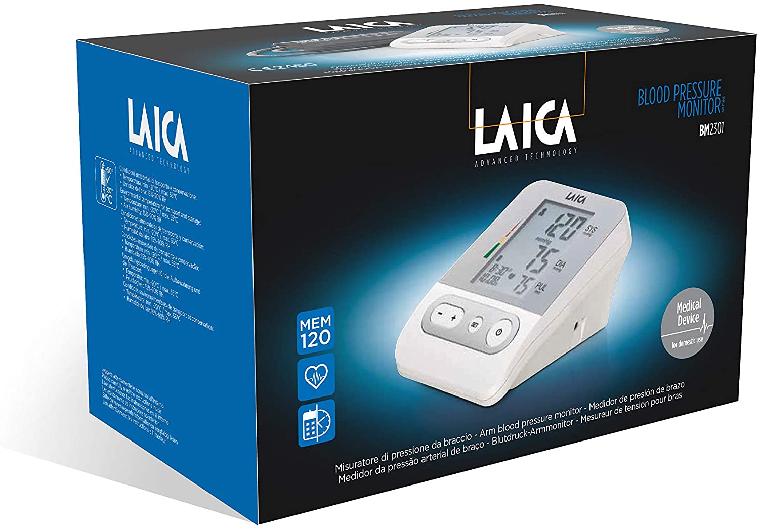 Laica BM2301 Automatic Upper Arm Blood Pressure Monitor, 120 Total Memories, White / Silver