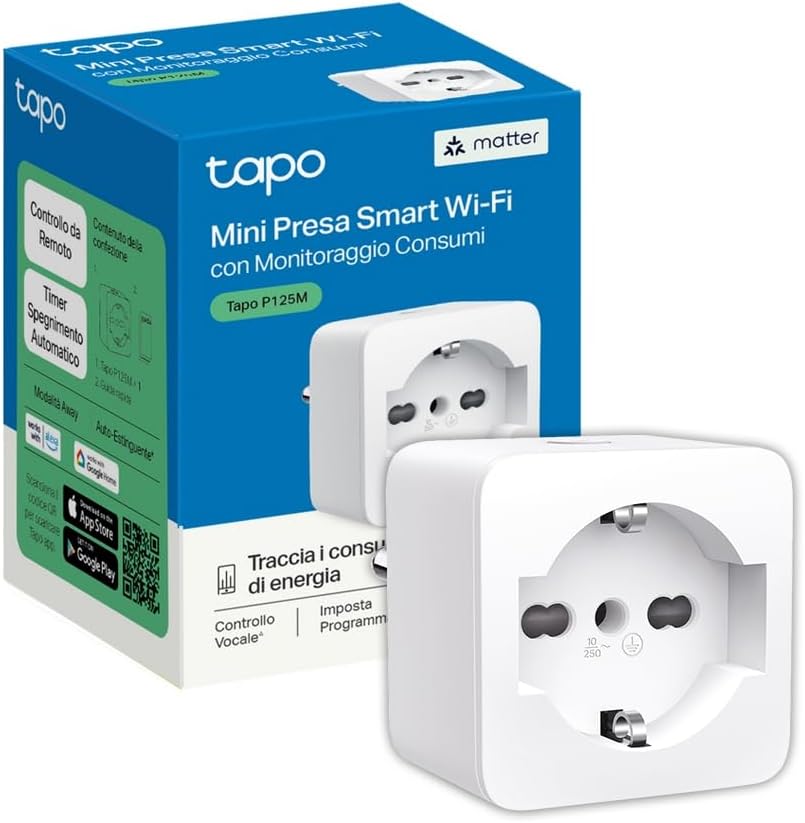 TP-Link Tapo P125M Matter italienische Smart-Steckdose, Energieüberwachung, WiFi Smart Plug, kompatibel mit Alexa und Google, Sprach- und Fernbedienung, Zeit der Vorwahl