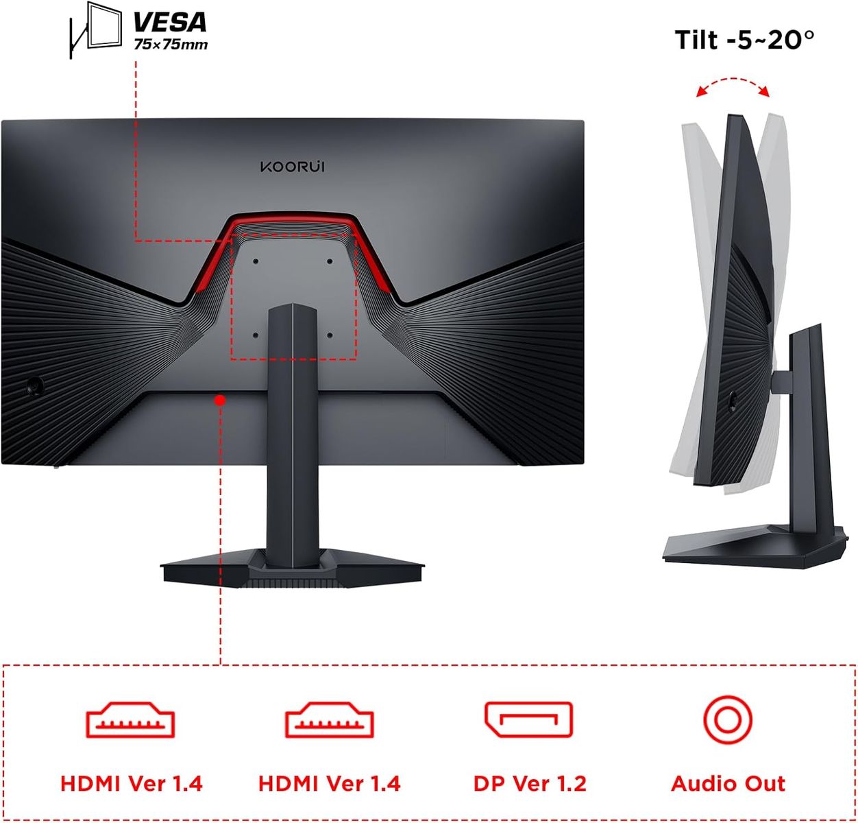 KOORUI 24 Zoll Gaming Monitor 165Hz, IPS, 1080p, 1ms, kompatibel Adaptive-Sync G-sync, Rahmenlos, HDMI, DisplayPort, Neigungsverstellbar, Augenpflege, VESA-Wandmontage, schwarz