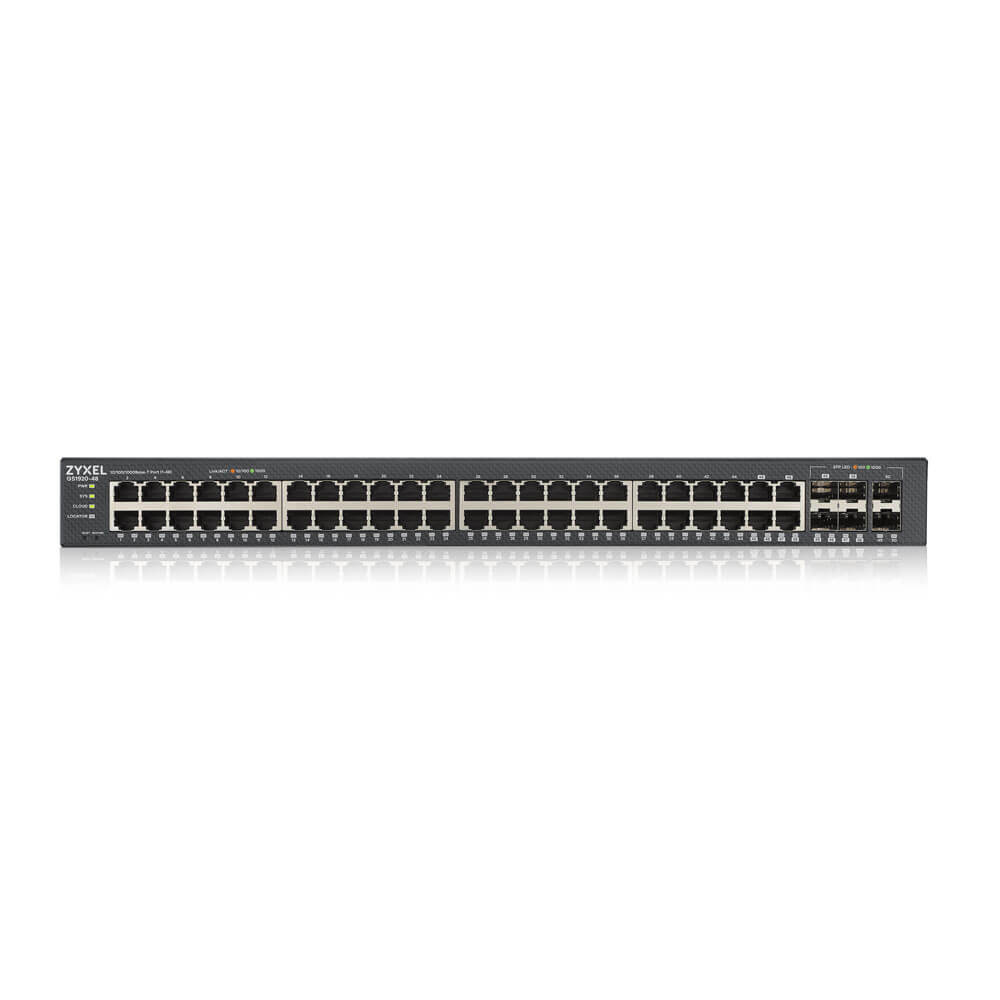 Zyxel GS1920-48V2 Managed 48-Port Gigabit Switch, 44x RJ-45 + 4x SFP Combo, 100 Gbit/s Switching, Rack‑einbau, Schwarz