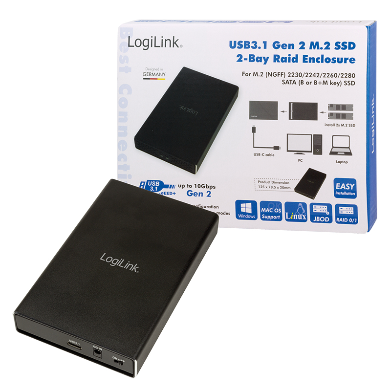 LogiLink UA0297 Festplattengehäuse 2-Bay (2X M.2 SSD) RAID, M.2 SATA SSD, USB 3.1 Gen2 Schwarz