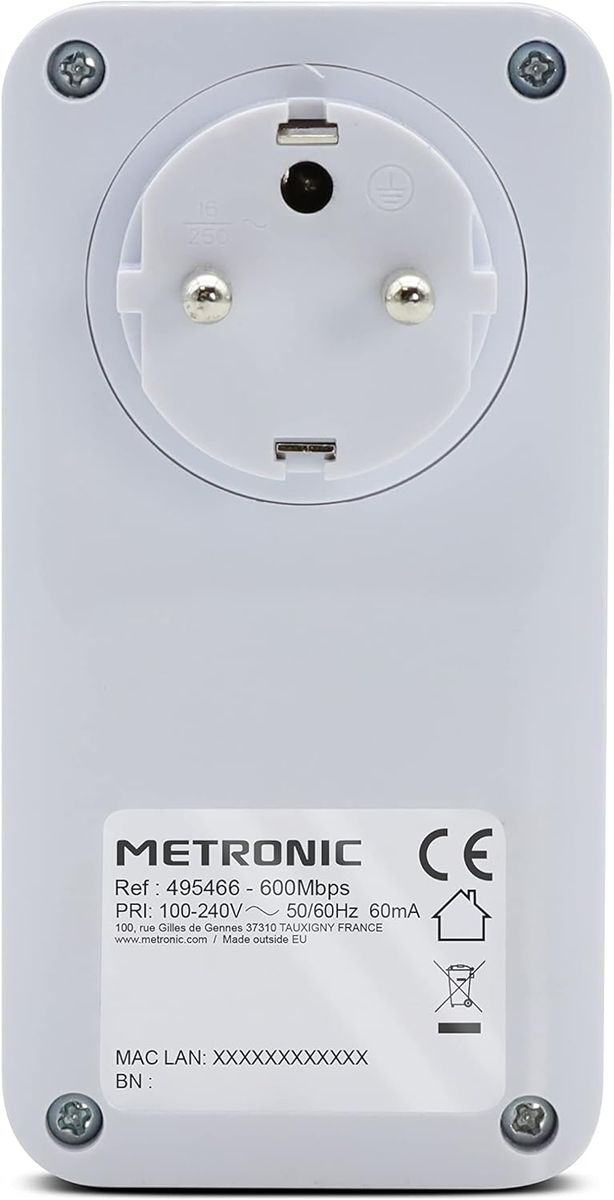 Metronic 495467 Netsocket Duo Powerline CPL-Steckdose, 600 Mbit/s, 1× Fast Ethernet 100 Mbit/s, Steckdose Typ E (FR)