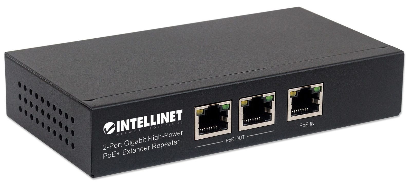 Intellinet 2-Port Gigabit High-Power PoE+ Extender, IEEE 802.3at/af PoE+/PoE, verlängert die Reichweite einer PoE-Verbindung um zusätzliche 100 Meter, 2 PSE-Ports, Metall