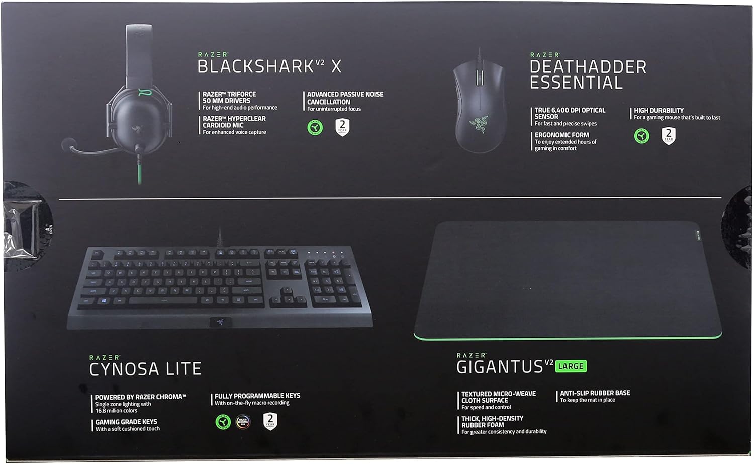 Razer Power Up Bundle V2 - (Cynosa Lite, Gigantus V2 Large, DeathAdder Essential, BlackShark V2 X) USA Layout QWERTY ISO