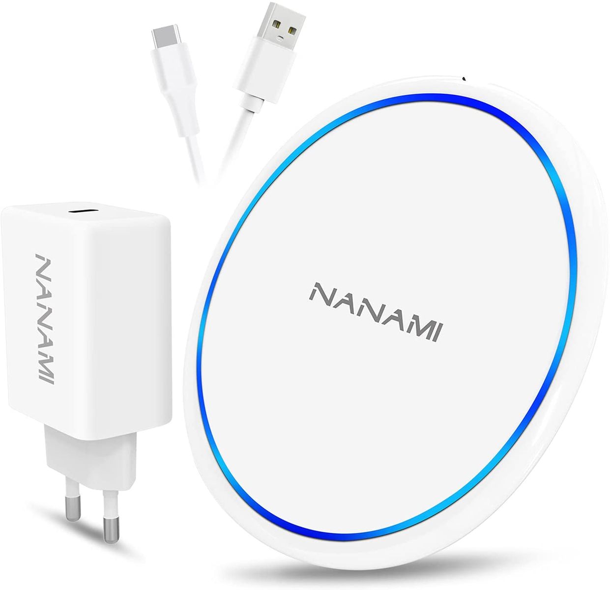 NANAMI Weiß Wireless Charger mit Quick Charge 3.0 Adapter, 10W Schnelles Drahtloses Ladegerät für Samsung Galaxy S22/S22 Ultra/S21/20/10/9, 7.5W Qi Ladegerät für iPhone12/11/X/XS/XS Max/XR/8/8 Plus White