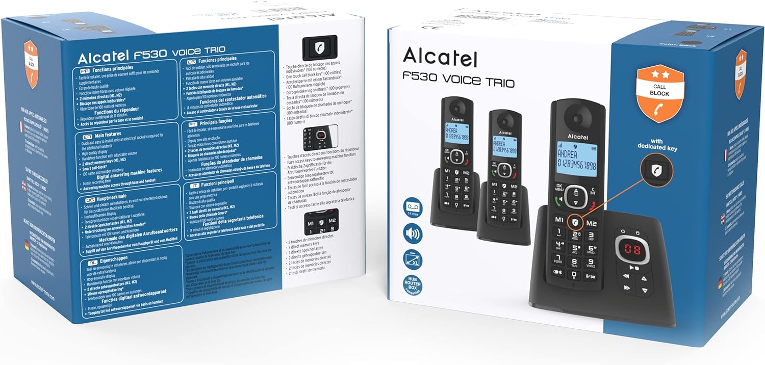 Alcatel F530 Voice Trio, Schnurlostelefon Mit Anrufbeantworter und 3 Mobilteilen, Anrufsperre und Freisprechfunktion Schwarz