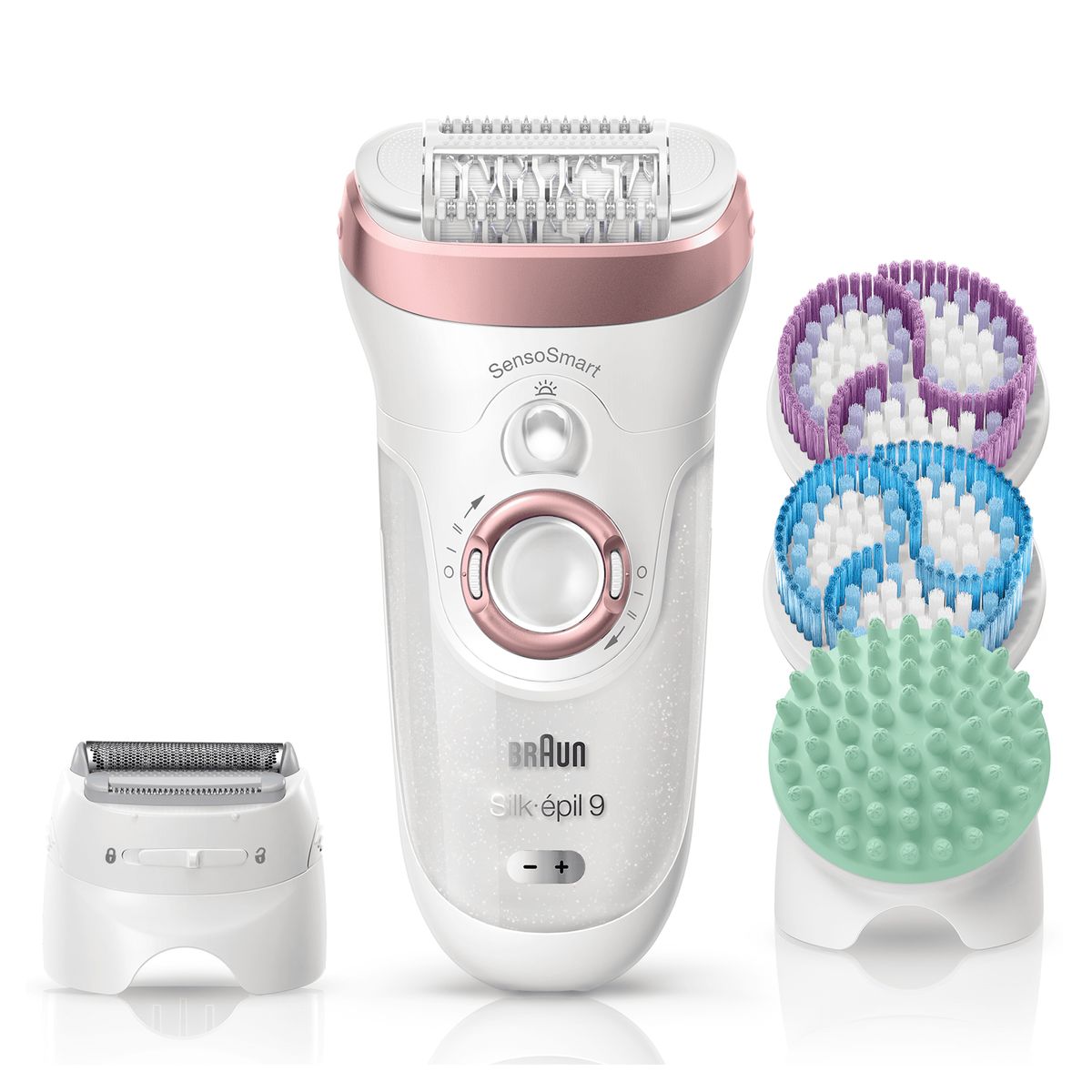 Braun Silk-epil 9 beauty set, epilator ladies for hair removal, attachments for shaver, exfoliation, massage for body, 9-990, rose/gold single