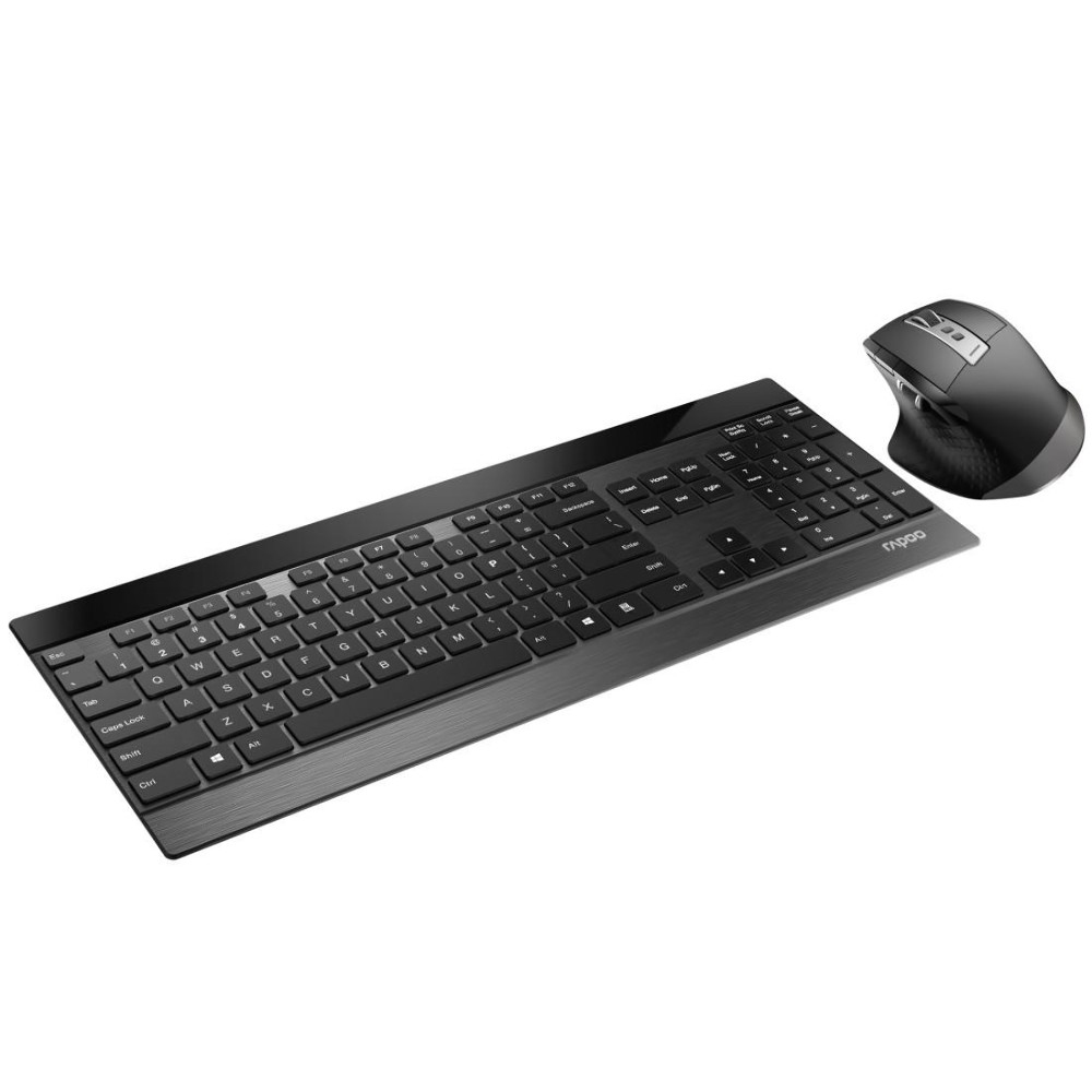 Rapoo 9900M Wireless Desk Set, Keyboard and Mouse, Multi-Mode (Bluetooth 3.0, 4.0, 2.4 GHz Wireless via USB), Flat 4.0 mm Design, 3200 DPI Sensor (DEU Layout - QWERTZ)